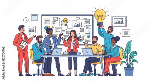 Dynamic business team collaborating on an innovative project, fostering creative ideas and strategic planning in a modern office environment for future growth and success