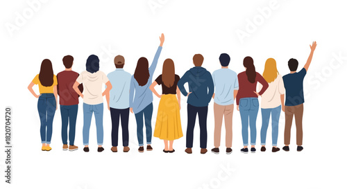 Concept of diverse individuals standing united, with hands raised in a display of active participation, collaboration, and community spirit