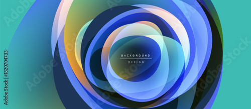 Abstract layers create dynamic circular design. Blue, turquoise, yellow hues blend, forming modern background. Minimalist text present.