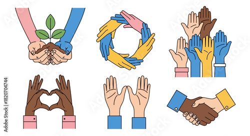 A collection of diverse and multicultural hand gestures symbolizing unity, love, environmental care, and community support