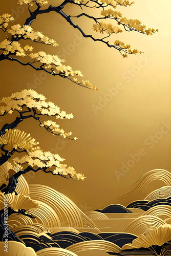 金箔の背景,金箔を使った絵画,金箔の壁面, AI生成画像