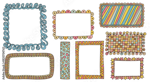 A vibrant collection of hand-drawn sketchy doodle frames featuring colorful patterns, whimsical border elements for invitations and scrapbooking designs