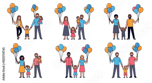 Diverse Families with Balloons Illustration of Love and Togetherness