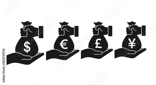 Hands Holding Bags of Money Featuring Currencies Dollar Euro Pound and Yen Symbolizing Global Finance and Wealth Management Opportunities, Generative AI