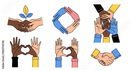 A diverse collection of illustrated hands symbolizing unity, cooperation, and love through gestures like handshakes, team huddles, and heart shapes