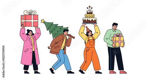 Celebration and gifting with a group of people carrying presents, a Christmas tree, and a birthday cake