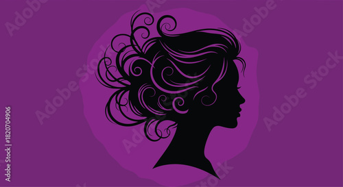 Elegant woman silhouette with flowing curls on vibrant purple background for beauty salon marketing stylish branding and fashion forward designs, Generative AI