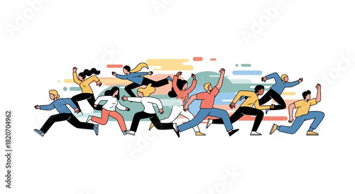 Diverse Group of People Running Towards a Goal Teamwork and Success