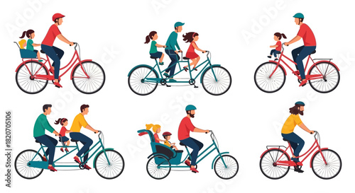 Vector set of families riding bicycles, including tandem and cargo bikes. An illustration collection for the concept of active family life