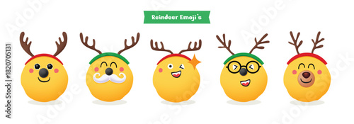A cute and humorous collection of 3D yellow emoji characters wearing reindeer antlers, featuring various expressions like winking and mustachioed, perfect for holiday, winter, and Christmas themed dig