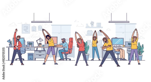 Illustrative scene of diverse office employees actively participating in group stretching and exercise breaks to enhance workplace wellness and productivity