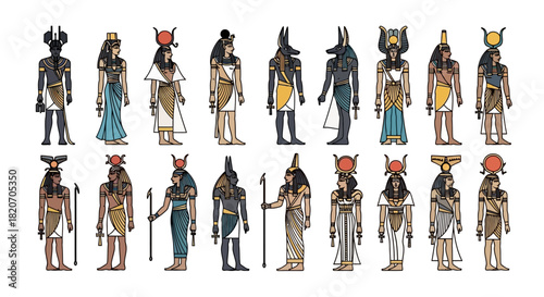 Vibrant collection of ancient Egyptian gods and goddesses, illustrating the mythological pantheon and significant spiritual figures from a rich historical culture