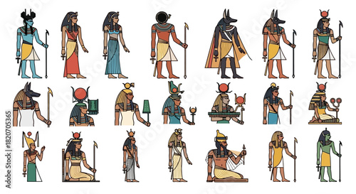 A vibrant set of illustrations featuring the pantheon of ancient Egyptian gods and goddesses, representing the rich mythology and culture of Egypt
