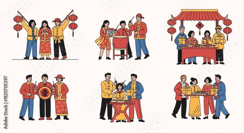 Set of diverse illustrations depicting joyful Chinese New Year festivities, cultural performances, and family bonding moments in traditional settings
