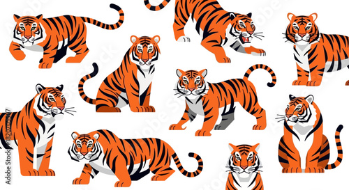 A collection of vibrant tiger illustrations showcasing their majestic poses and striking stripes