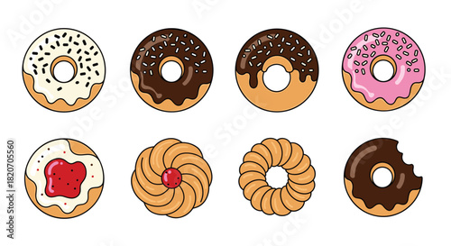 Delicious donut desserts with chocolate sprinkles pink frosting and jam filling for sweet treats and bakery promotions, Generative AI