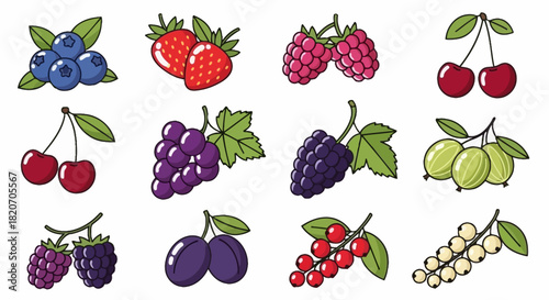A colorful collection of various fresh garden berries and summer fruits, including strawberries, blueberries, grapes, and cherries, illustrated in a flat cartoon icon style