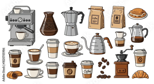 Various coffee making equipment and drinks displayed in a collection of illustrations