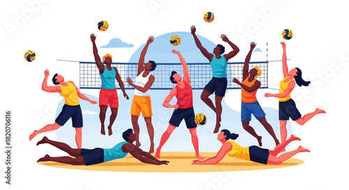 Energetic vector illustration depicting a diverse group of men and women actively playing a competitive game of volleyball, highlighting athleticism and collaborative effort
