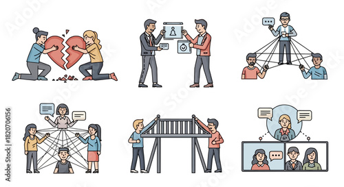 Illustrations Depicting Diverse Communication Scenarios, Conflict Resolution Strategies, Teamwork Dynamics, and Digital Collaboration Efforts for Effective Human Interaction
