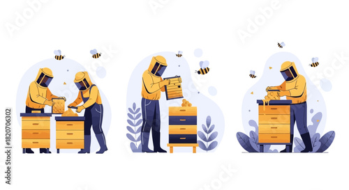 Professional beekeepers meticulously managing beehives and cultivating natural honey production, showcasing the intricate work involved in sustainable apiculture and bee colony care