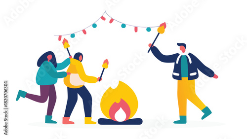 Vibrant flat illustration of a diverse group of people gathered together smiling and interacting positively in a bright modern setting showcasing teamwork and community spirit