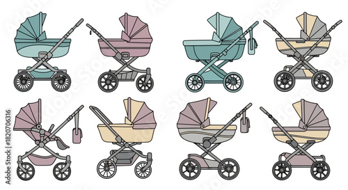 Collection of Various Stylized Baby Stroller Designs in Pastel Color Palettes for Parenting Concepts
