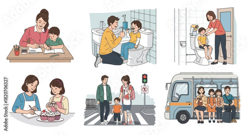 Family Life Scenes Parents with Children in Daily Activities and Transit