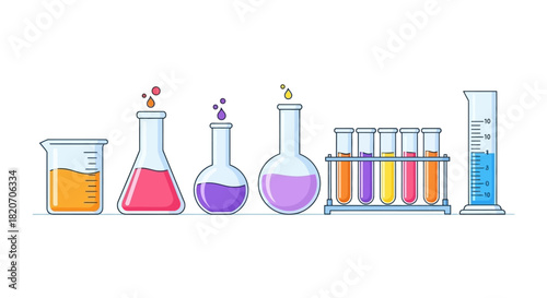 Colorful chemistry laboratory glassware set with various flasks, beakers, and test tubes filled with vibrant liquids, perfect for scientific experiments and educational research