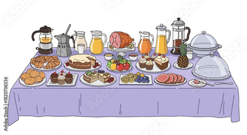 Cartoon vector illustration of a festive breakfast or brunch buffet table with a generous spread of delicious food and beverages