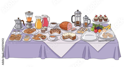 A lavish spread of delicious breakfast foods, including pastries, cakes, fruits, and beverages, meticulously arranged on a table covered with a purple tablecloth