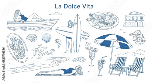 Captivating La Dolce Vita Illustration with Beach, Sea, and Leisure Elements