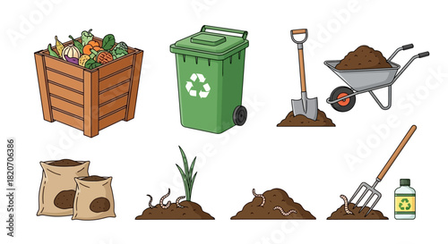 A collection of illustrations detailing the composting process, from organic kitchen waste to nutrient-rich soil for gardening and sustainable living