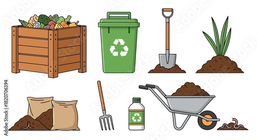 Gardening and composting vector icon set showing organic waste management and eco-friendly practices