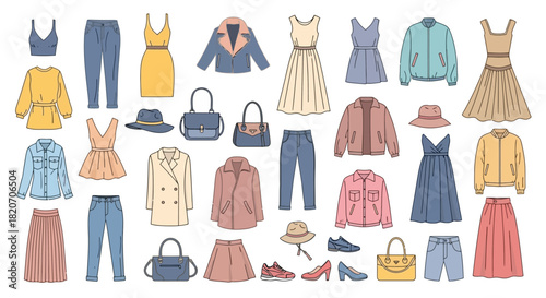 Variety of Fashion Clothing Stylish Dresses, Jackets, and Accessories for Women's Wardrobe Essentials