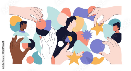 A diverse group of hands and people collaborating together, assembling colorful abstract geometric shapes to symbolize teamwork and community