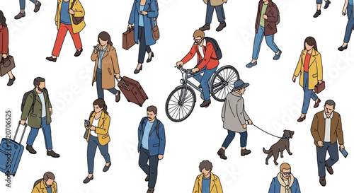 A Crowd of People Commuting and Traveling in a Seamless Pattern