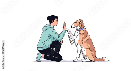 Young pet owner kneeling to give a high-five to a loyal Borzoi dog, a concept of friendship, trust, and training success