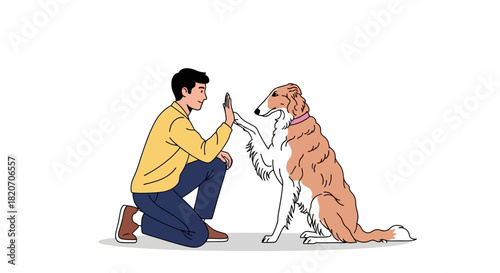 Dynamic illustration of a man and his dog high-fiving, showcasing the trust, bond, and positive reinforcement in pet training and companionship