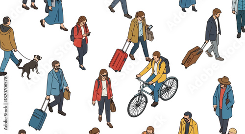 Illustration of People in Motion Diverse Urban Crowd Seamless Pattern