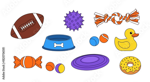 Collection of toys and accessories for pets, including a dog bowl, chew toys, tennis balls, and a frisbee, alongside other playful items like a football, candy, and rubber duck