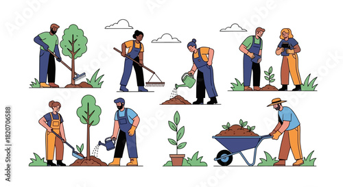 Diverse Team Planting and Caring for Trees in a Green Environment Gardening Illustration Set