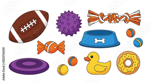 Collection of colorful vector pet toys including balls, frisbee, donut, duck, and football, perfect for pet stores