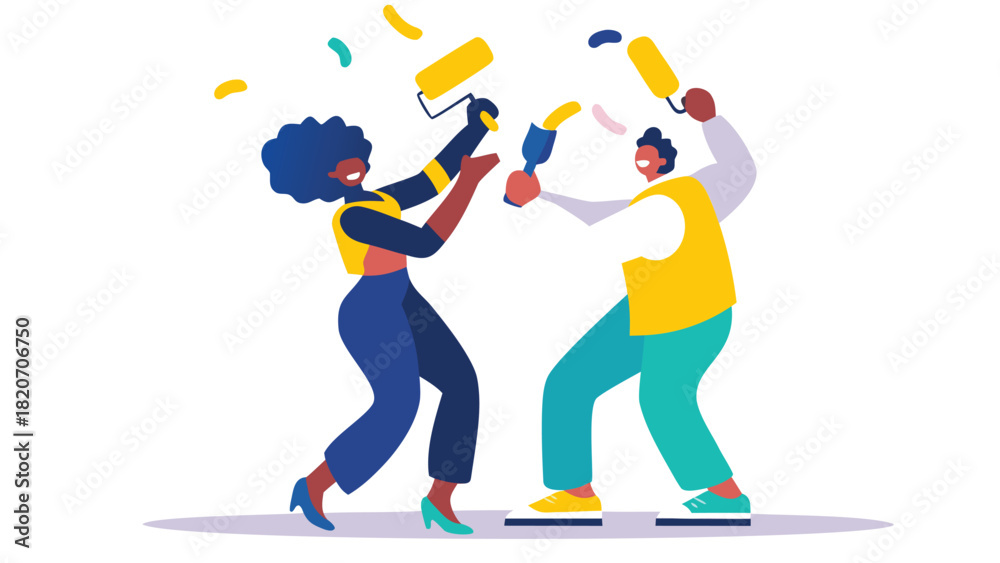 Obraz premium Flat vector illustration of a happy couple decorating a home possibly for a holiday or special occasion with a festive and cheerful atmosphere