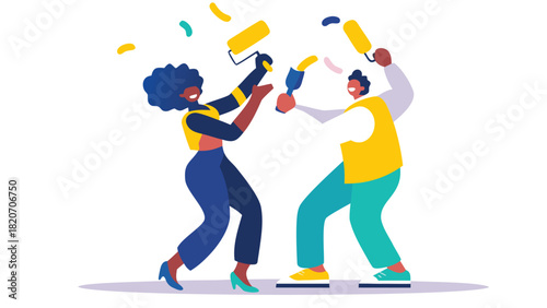 Flat vector illustration of a happy couple decorating a home possibly for a holiday or special occasion with a festive and cheerful atmosphere