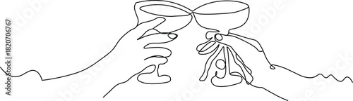 Continuous one line drawing of Cheers or drinking toast. Glasses with martini in hands. Birthday party or bachelorette celebration with friends. Wine, champagne, prosecco, sangria cocktail vector