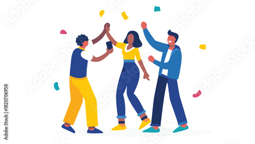 Vibrant flat vector illustration of diverse friends celebrating together with joy and excitement perfect for festive occasions and social gatherings