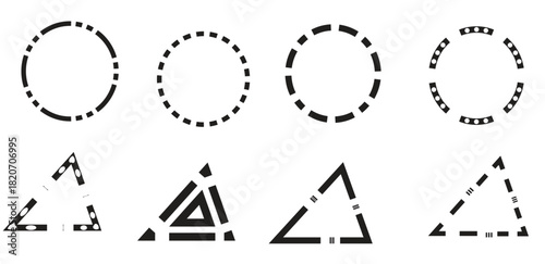 Collection of various circles and triangles defined by different pattern of brushes.The shapes demonstrate how the human mind perceives complete forms even with incomplete visual information. vector 