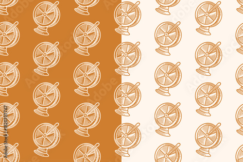 Compass globe hand drawn seamless pattern on tan beige background for explore adventure merchandise. Navigation sphere engraving doodle pattern background. Directional globe hatching motif wallpaper