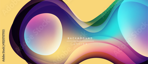 Abstract fluid shapes overlap, creating vibrant color gradients. Yellow backdrop enhances flowing design elements. Modern, dynamic composition.